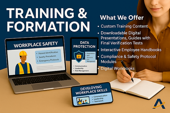 Employee training and development services offering custom training content, compliance and safety modules, digital workbooks