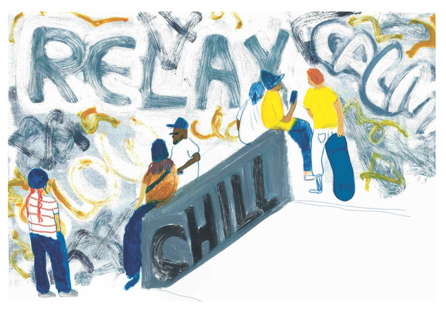 southbank centre illustration by tessa cobb, skate park, skateboarders, monoprint, printmaking, happy book company