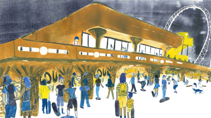 southbank centre illustration by tessa cobb, skate park, skateboarders, monoprint, printmaking, happy book company
