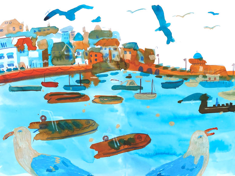 sketchbook drawings by illustrator tessa cobb for the happy book company, watercolour painting st ives harbour seagulls and boats