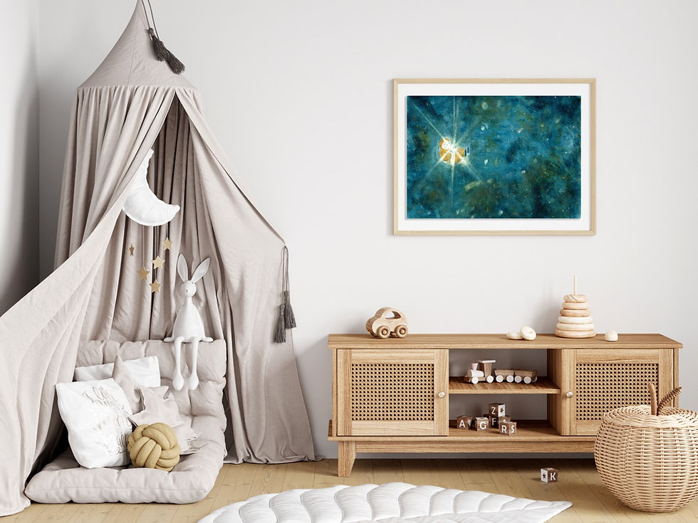 Thumbnail: Art print of a little girl floating in space hugging a star