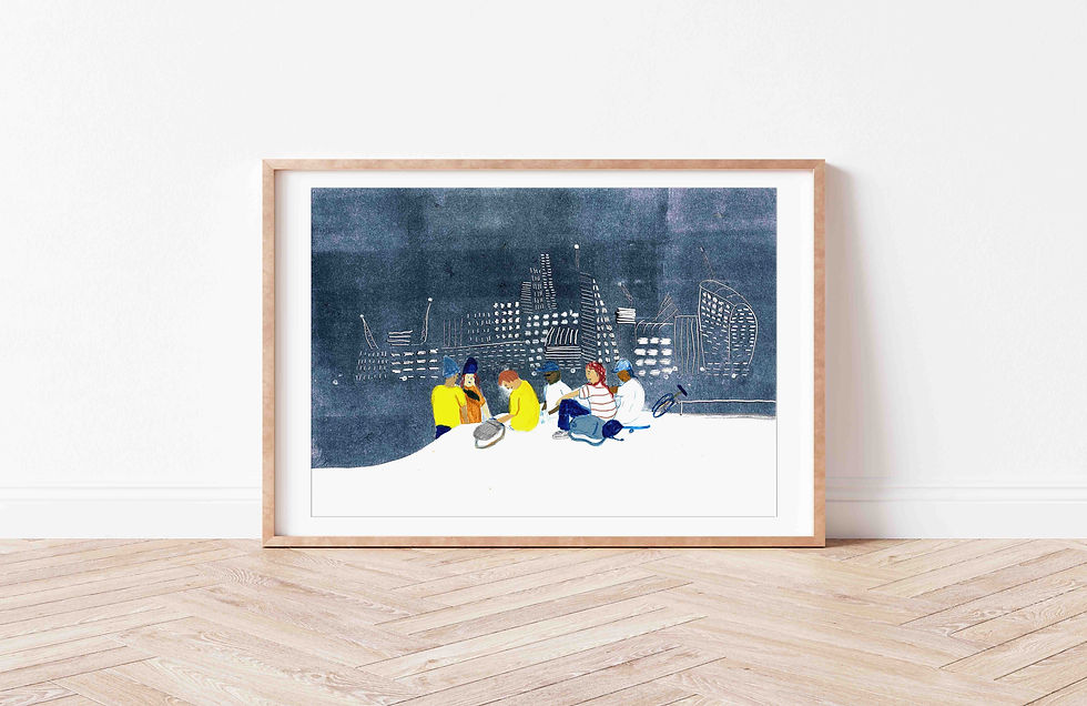 Thumbnail: Skateboarders hanging out on London Southbank in front of London City Skyline Art print
