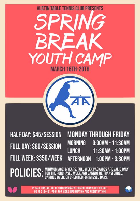 2026 Spring Break Table Tennis Youth Camp March 16-20