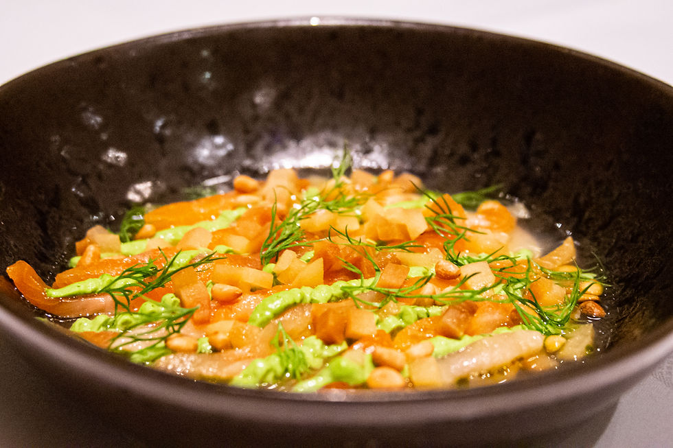 pickled char with turnip, quince and dill