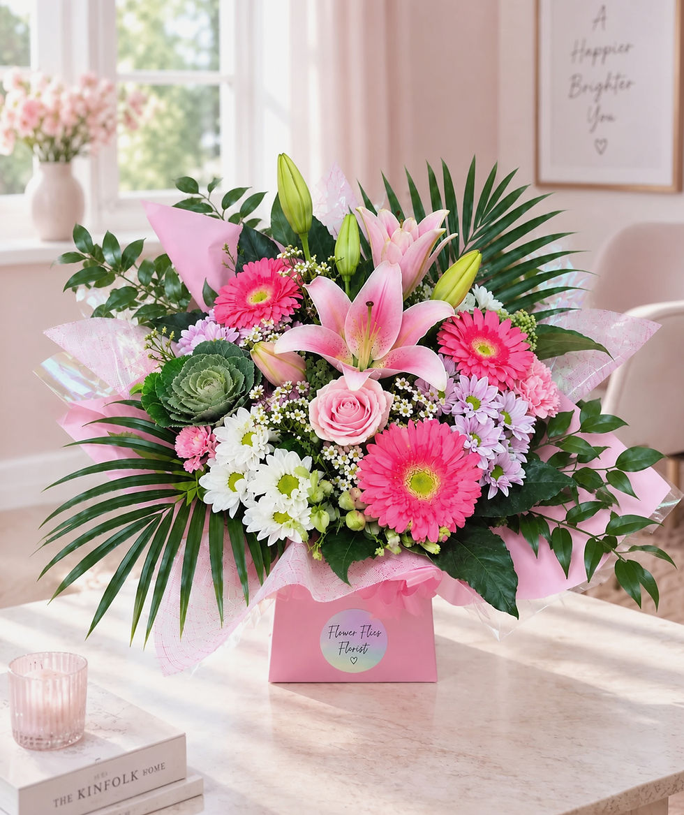 Thumbnail: Light pink flower box with lily gift arrangement by Flower Flies Florist