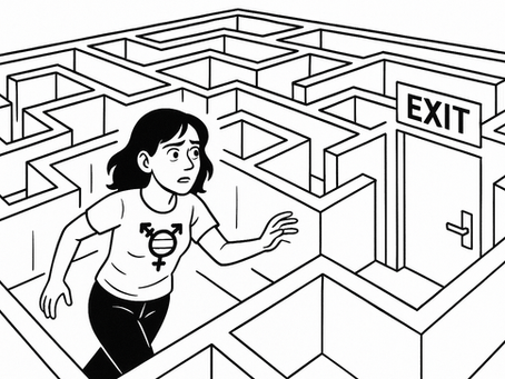 An (AI-generated) drawing in black and white of a trans woman trying to find the exit in a maze.