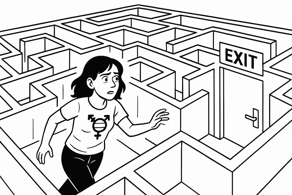 An (AI-generated) drawing in black and white of a trans woman trying to find the exit in a maze.