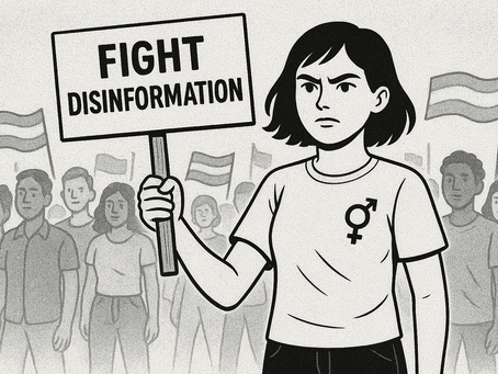 Trans woman holds "Fight Disinformation" sign, standing confidently among a crowd with raised flags. Monochrome, determined mood.