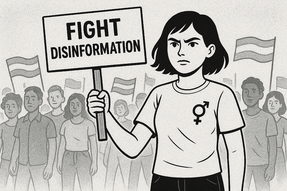 Same trans woman holds "Fight Disinformation" sign, standing confidently among a crowd with raised flags. Monochrome, determined mood.