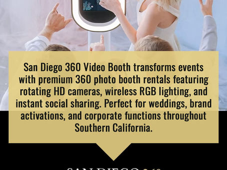 A smiling woman interacts with a modern photo booth interface, with hands raised in the background. Text overlaid on the image describes how San Diego 360 Video Booth transforms events with premium 360 photo booth rentals.
