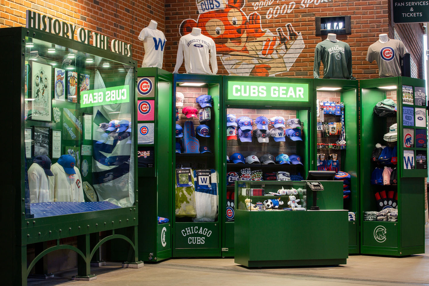 On-concourse Cubs Kiosk Retail Team Pop-up product design, management, and fabrication by 555 International at Wrigley Field, Chicago
