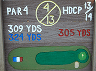 Tee sign showing yardage and difficulty