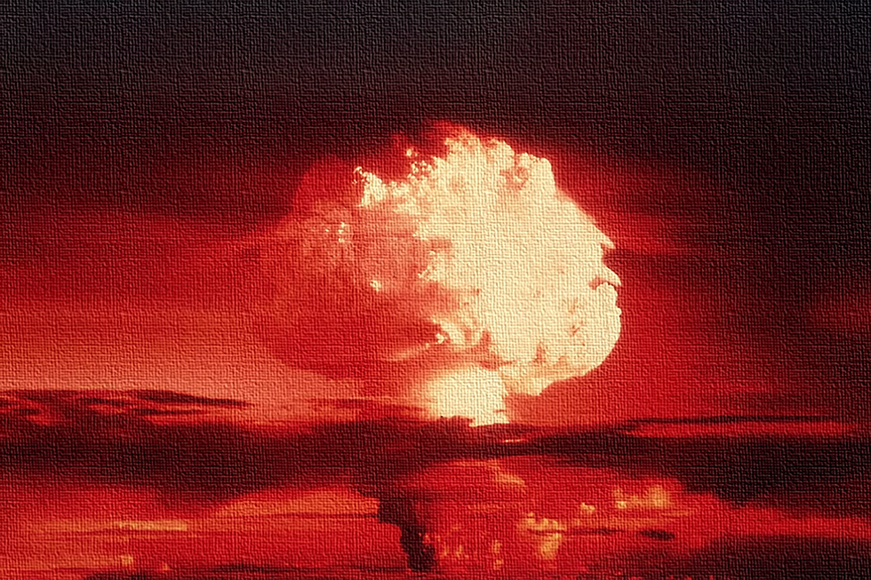 A powerful image of mushroom cloud fire symbolizing both the destructive power and the ethical weight of nuclear weapons.