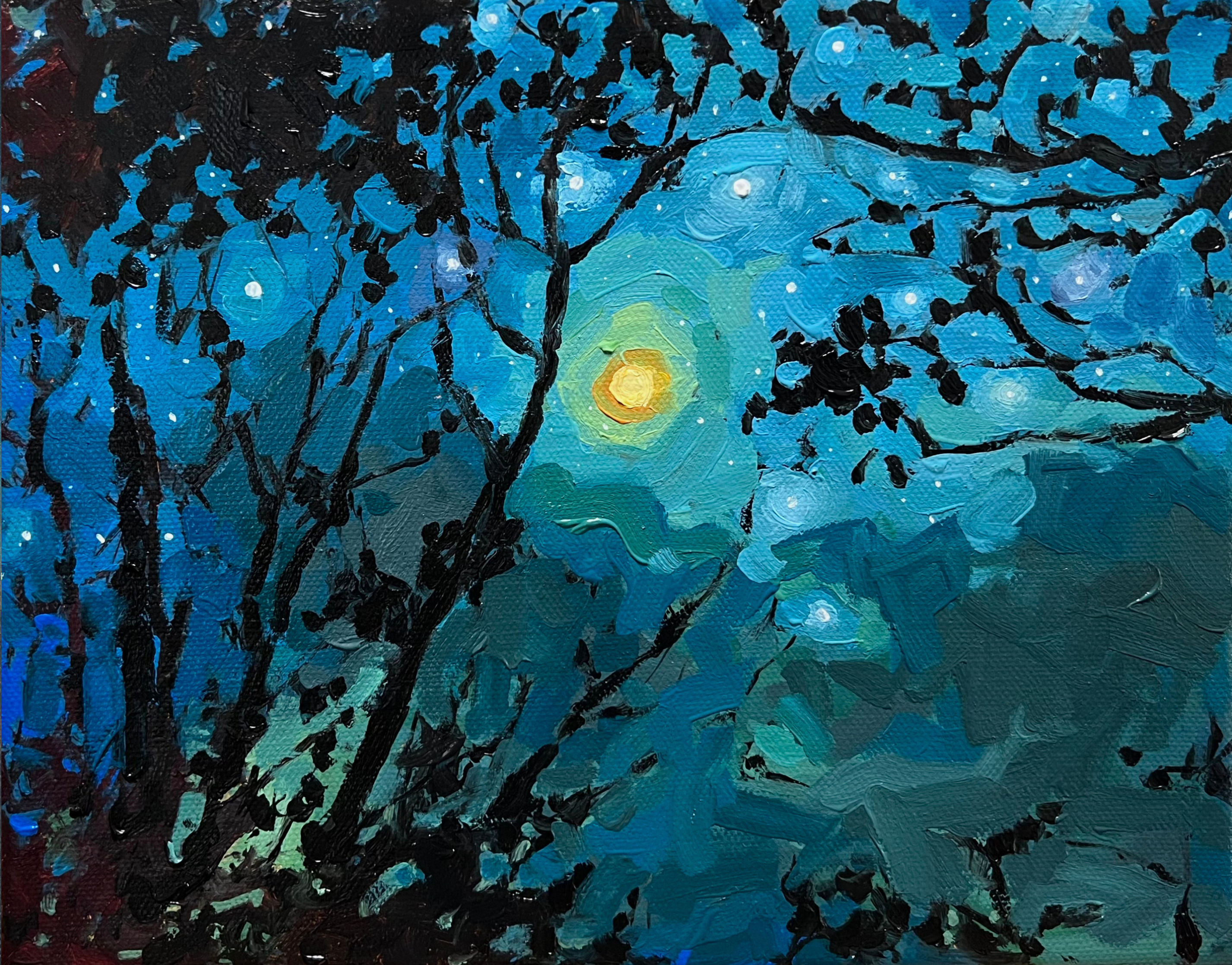 Moonlight Through the Brush Original Oil Painting