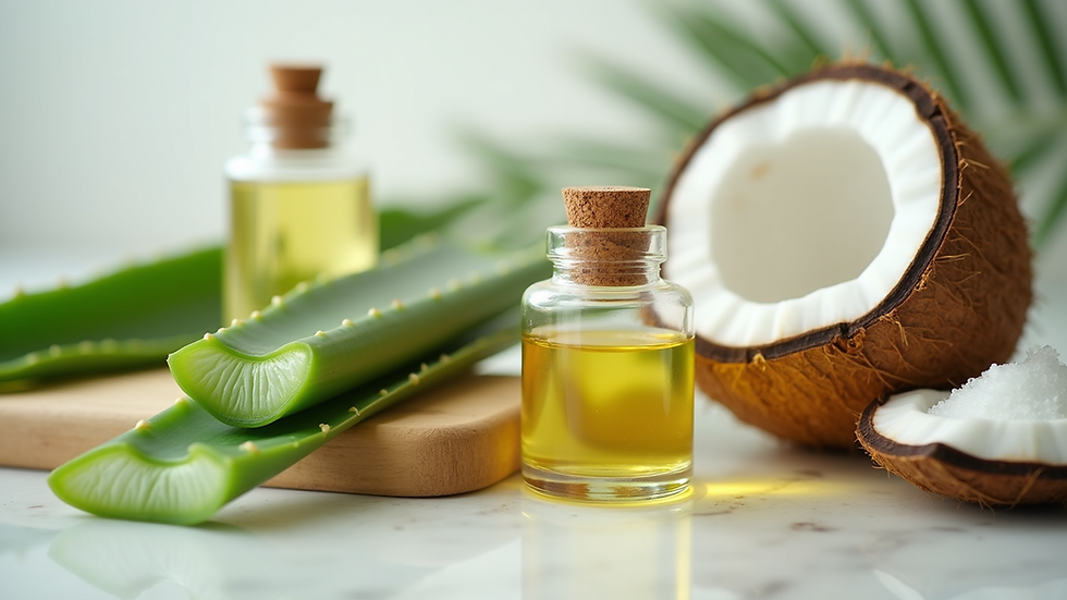 Close-up view of a variety of natural skincare ingredients like aloe vera, coconut oil, and essential oils