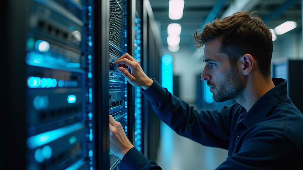 Close-up view of a technician working on a network switch in a data center