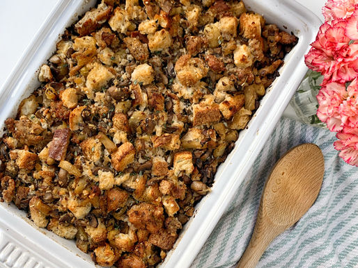 Our family Thanksgiving tradition: Bourbon apple mushroom sausage stuffing