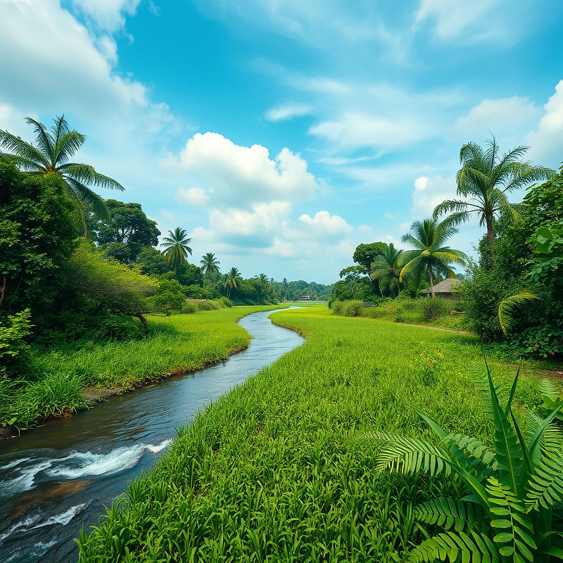 A wide cinematic landscape of a restored green environment in Nigeria, lush vegetation, cl