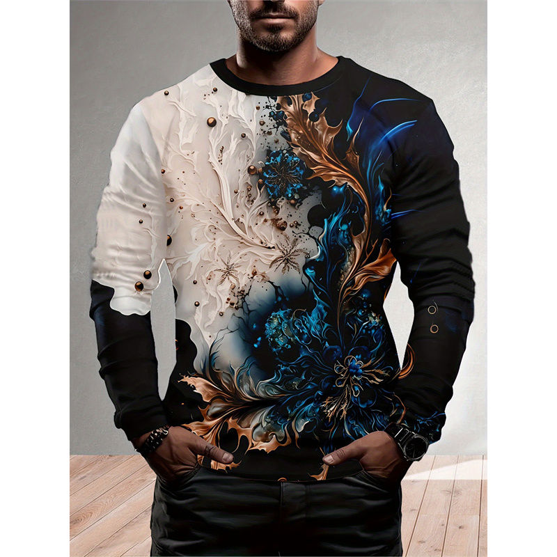Thumbnail: Golden Stripes Pattern T-Shirt For Men Flower Starry Sky 3D Printed T Shirts Aut