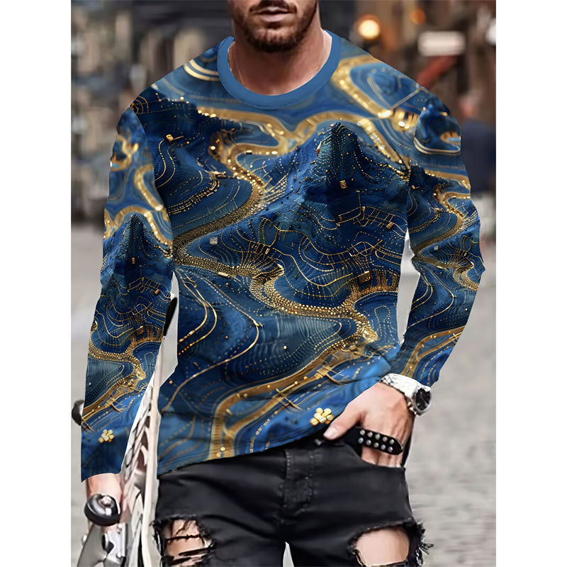 Thumbnail: Golden Stripes Pattern T-Shirt For Men Flower Starry Sky 3D Printed T Shirts Aut