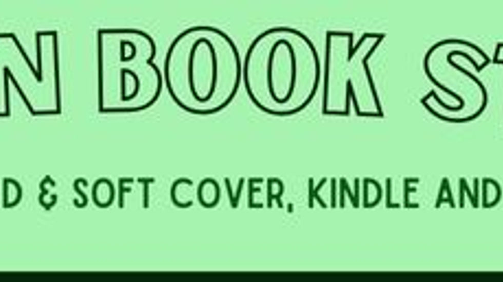 Green banner with the text "AMAZON BOOK STORE" and "available at amazon." Icons of a book and Kindle suggest a book store theme.