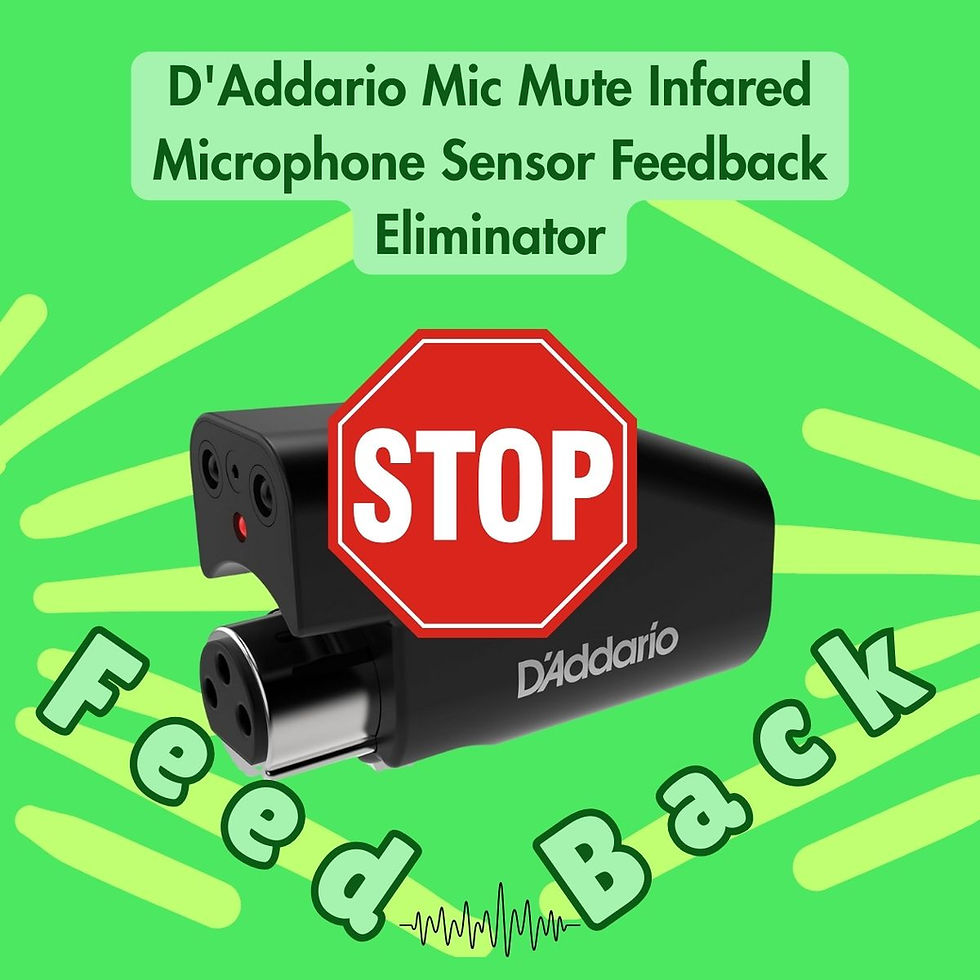Black D'Addario mic mute device on green background with "STOP" sign. Text: "Feedback Eliminator." Arrows and sound waves visible.
