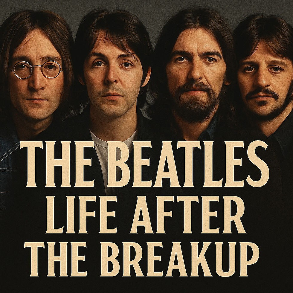 Four Beatles with neutral expressions in dark clothing on a black background. Text reads "The Beatles: Life After The Breakup" in bold letters.