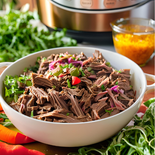 Close-up view of shredded beef in a bowl