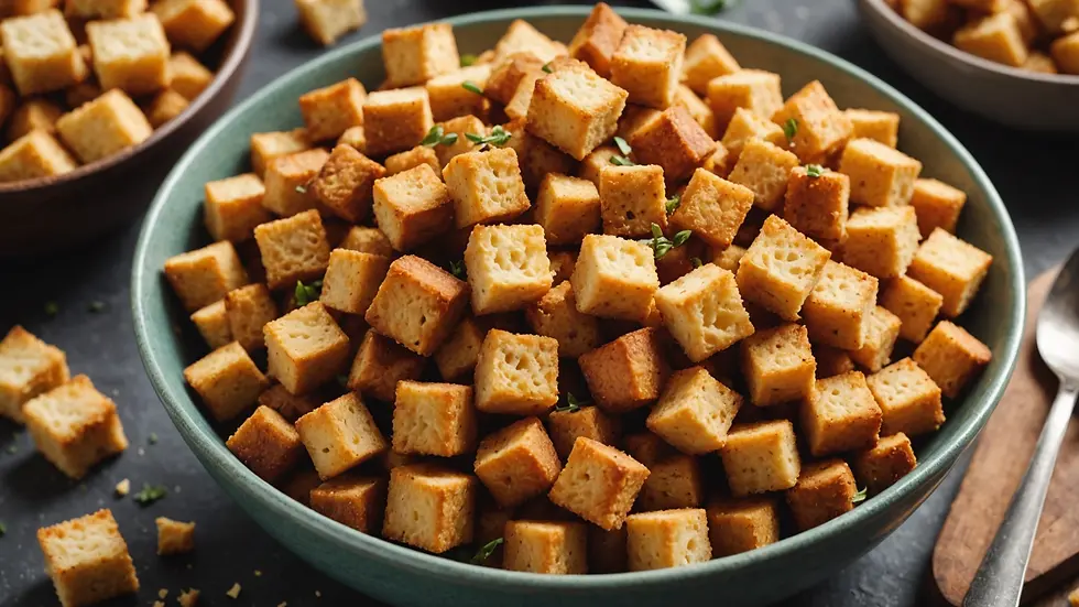 High angle view of croutons in a bowl ready for serving