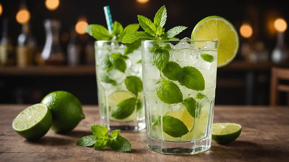 Close-up view of a refreshing Mojito cocktail with mint leaves and lime slices