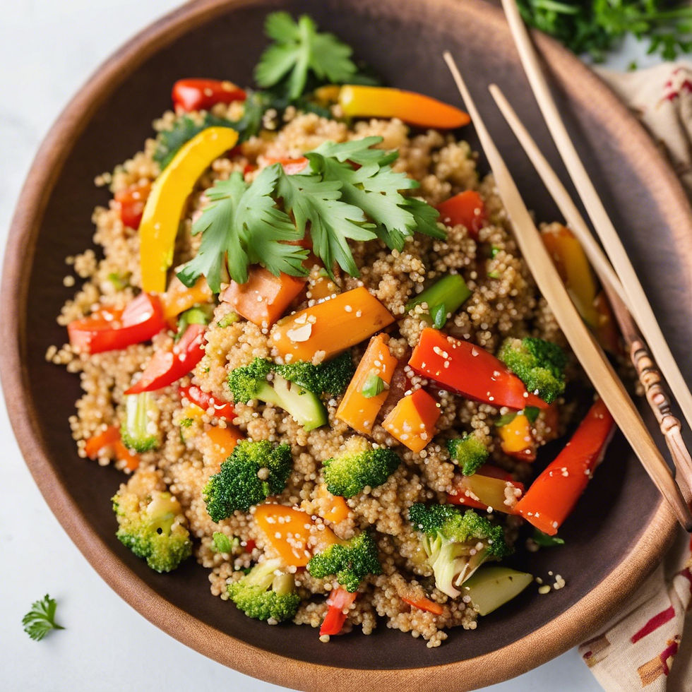 High angle view of a colorful quinoa stir-fry on a wooden table