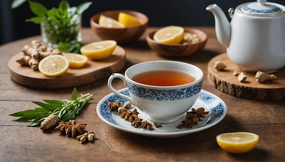 Close-up view of a steaming cup of turmeric ginger tea
