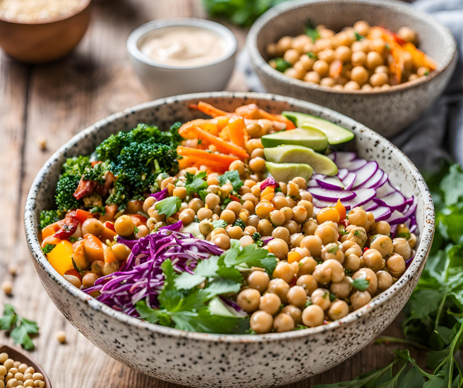 High angle view of a colorful Chickpea and Vegetable Buddha Bowl