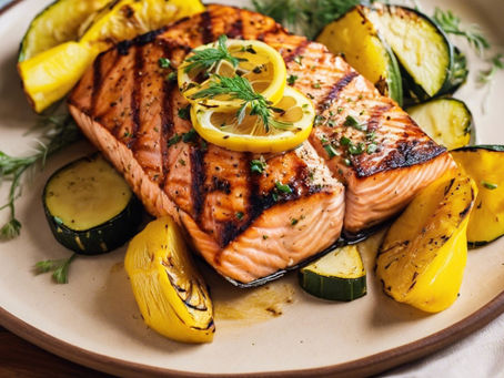 Dive into a Delectable Grilled Salmon Recipe with Nutritional Facts and Grilled Zucchini and Squash on the Side