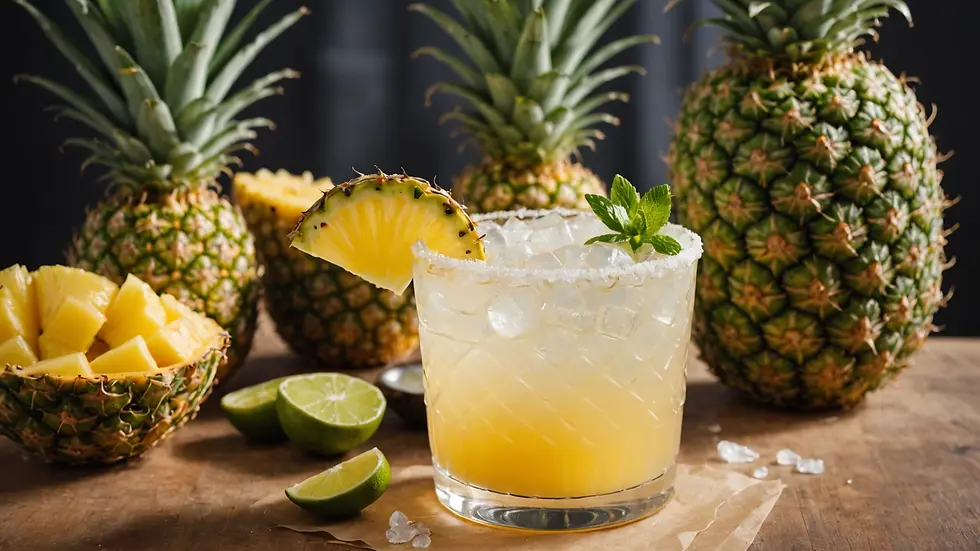 Eye-level view of a vibrant Pineapple Margarita with coconut water