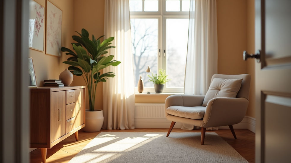 Eye-level view of a cozy therapy office with a comfortable chair and soft lighting