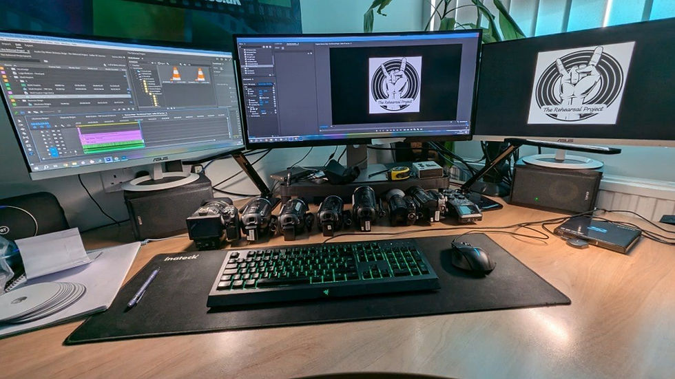 Our post-production workspace featuring multiple cameras lined up below dual monitors displaying editing software, surrounded by editing equipment, creating a hub of digital creativity.