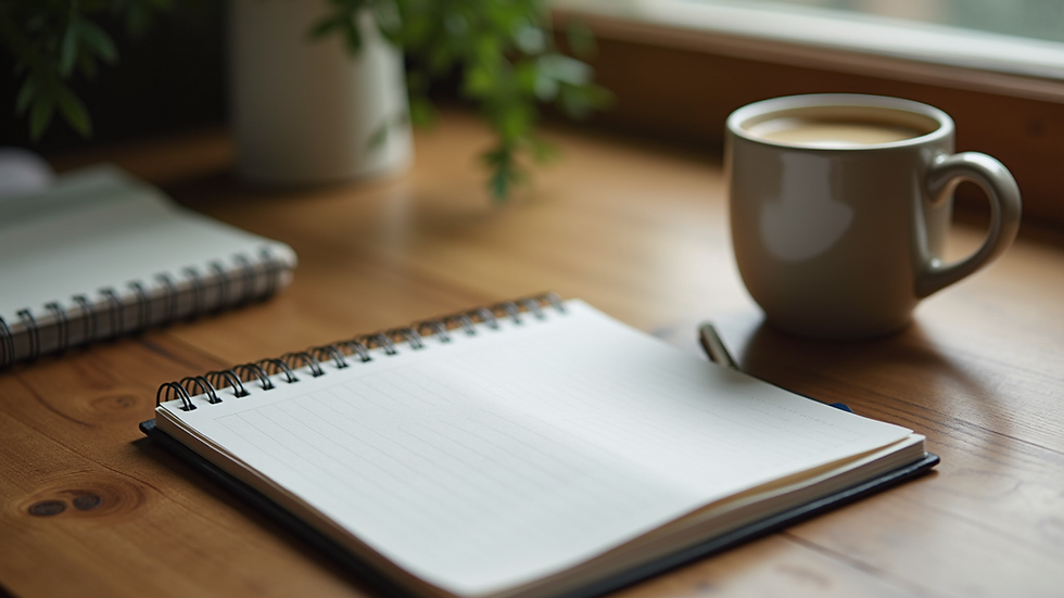 Close-up view of a cozy workspace with a notebook and a cup of coffee