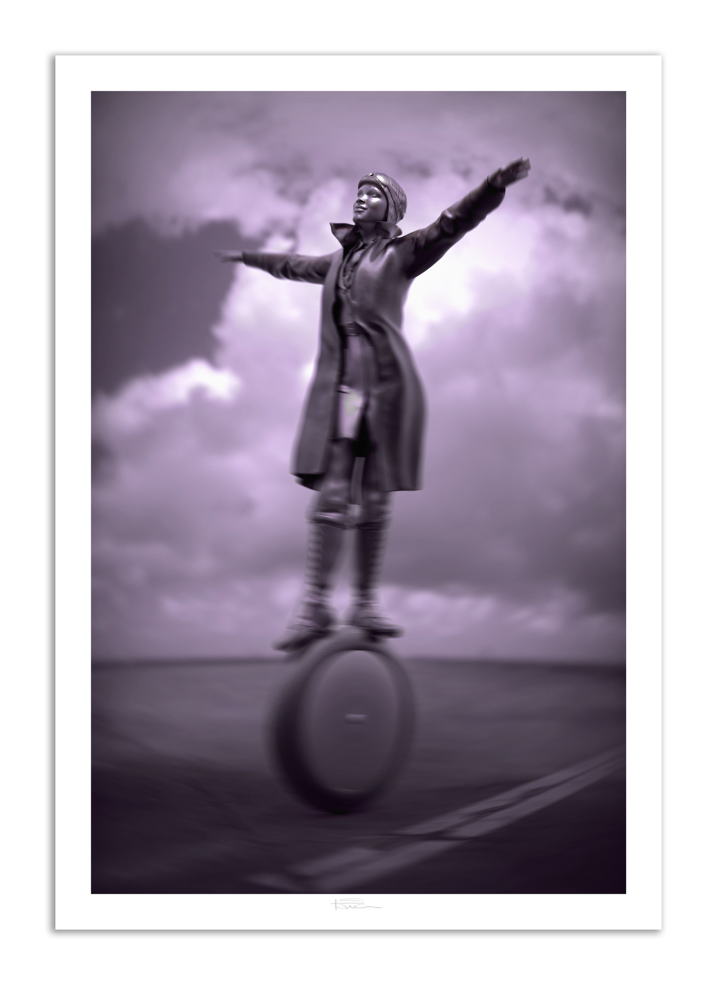 A fine art print by Trent Tate showing a heroic female Aviator named Bessie Coleman. She is wearing a leather helmet with flight goggles, an overcoat, a flight uniform, and tall laced boots. She is balancing on top of an airplane wheel with her arms outstretched.