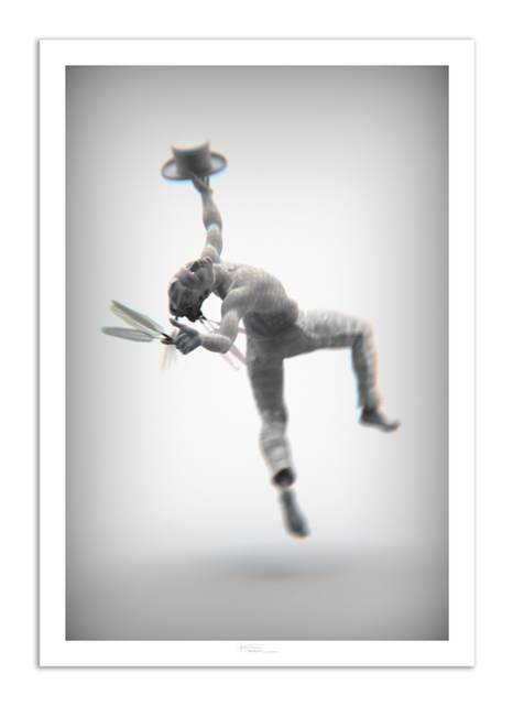 A fine art print by Trent Tate showing a dancing Native American Heyoka. He is wearing pants and has feathers in his hair. His arms are outstretched, and his upper body and head are stretched curving backwards as though he is about to do a back flip. He holds a top hat in his left hand and three feathers in his right hand.