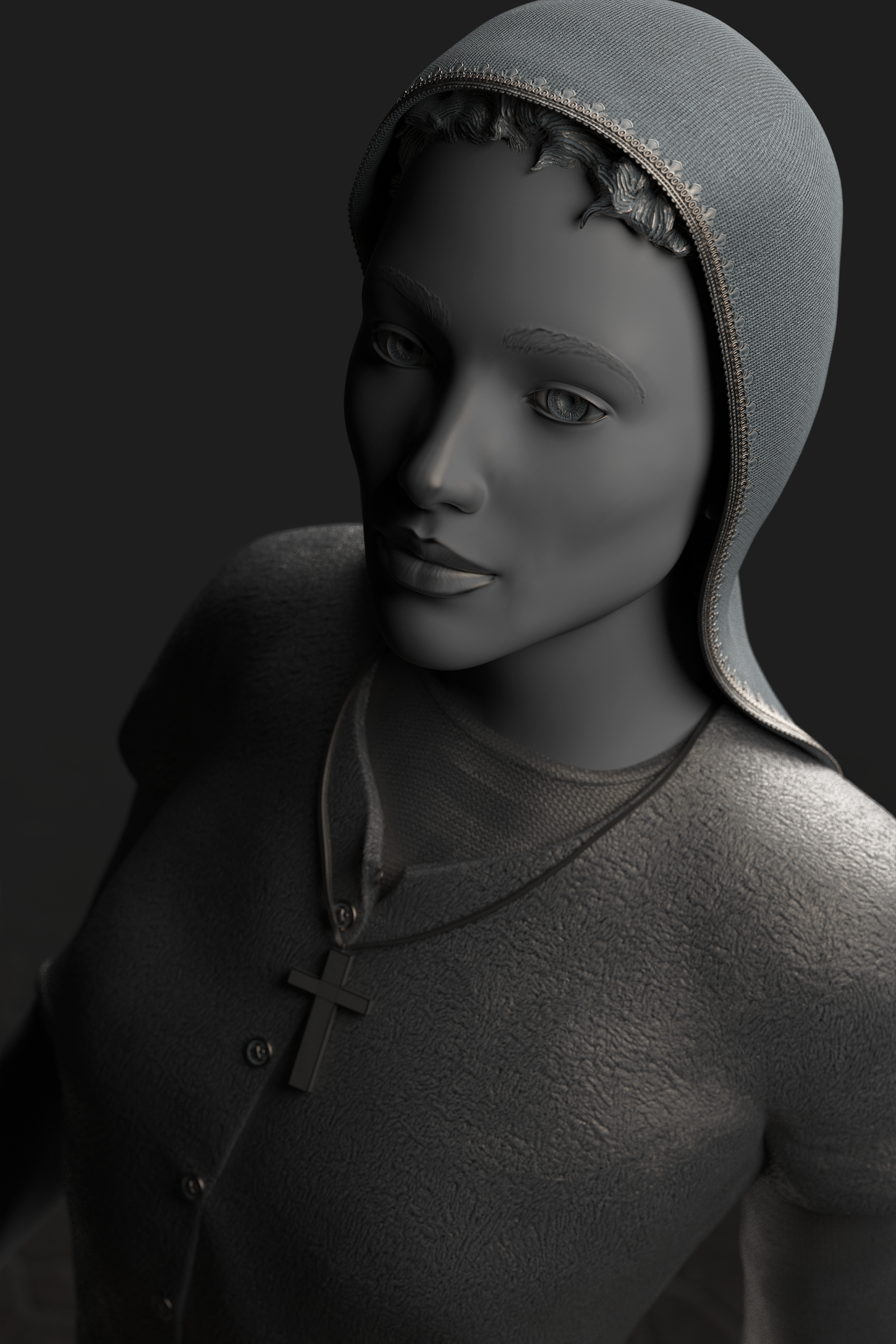 Bronze art sculpture of Joan of Arc wearing a cross necklace, holding a sword, and standing in like a protector in front of a lamb by artist, Trent Tate, lead sculptor at Idlewild Studio.