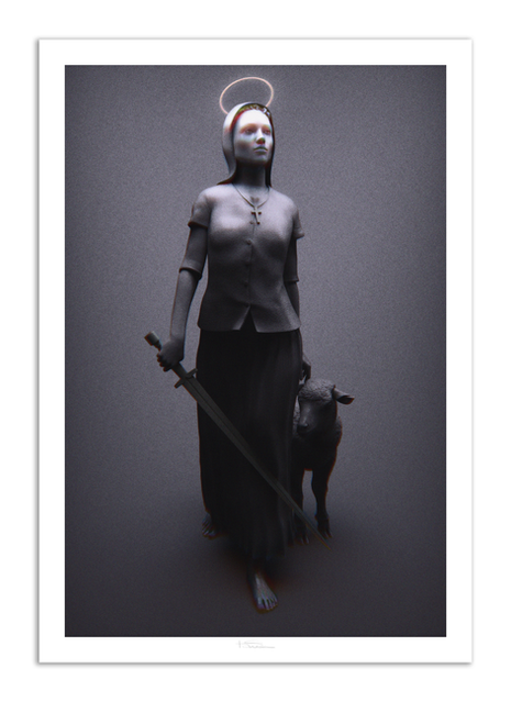 A fine art print by Trent Tate artist showing a woman named Joan of Arc in a dress holding a sword standing in front of a lamb to protect it.