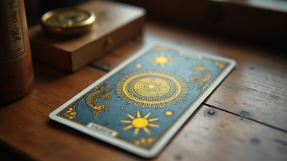 Close-up view of a tarot card spread on a wooden table