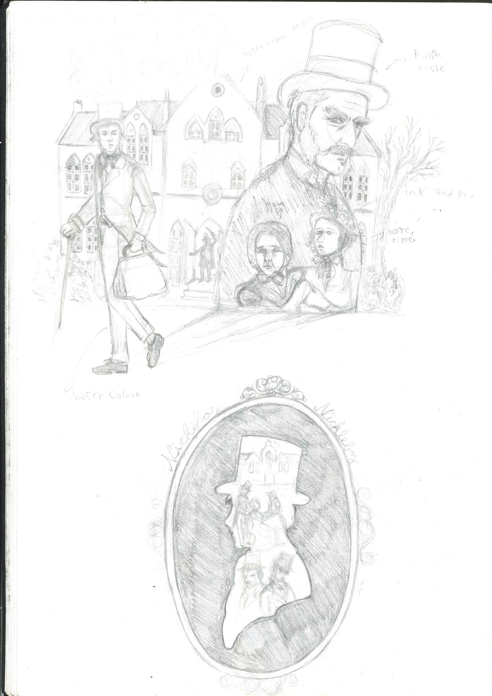 Nicholas Nickleby cover sketchbook Ideation