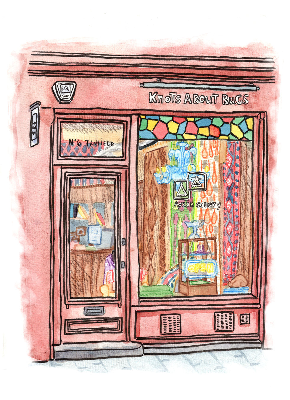 knots about rugs outside shop Illustration