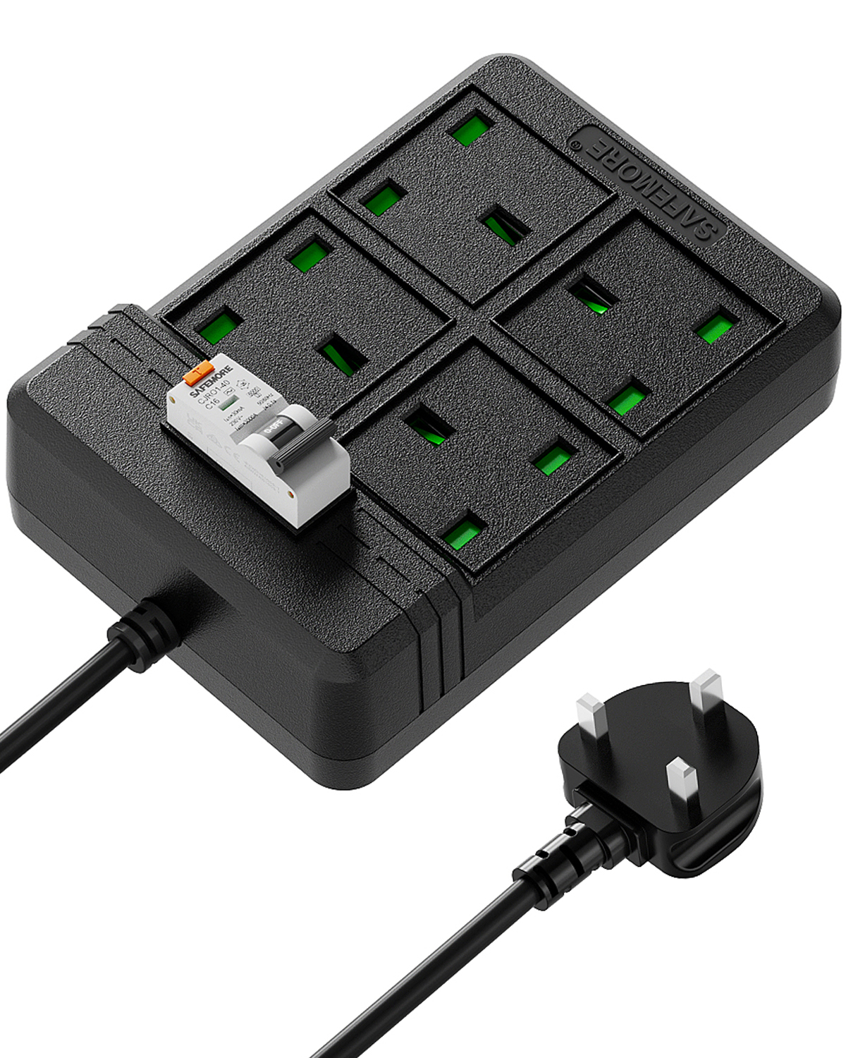 SAFEMORE RCD extension lead with RCBO, 4 gang, black power strip