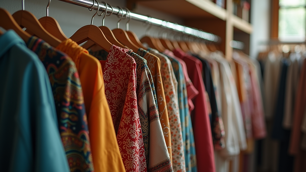 Eye-level view of a clothing rack with diverse cultural garments