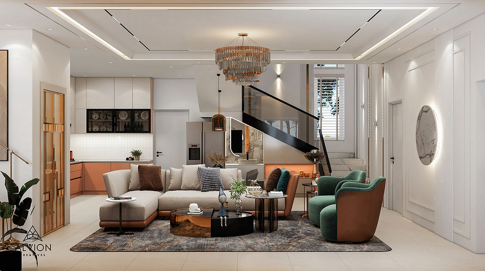Modern open-plan living room with luxury interior design trends.