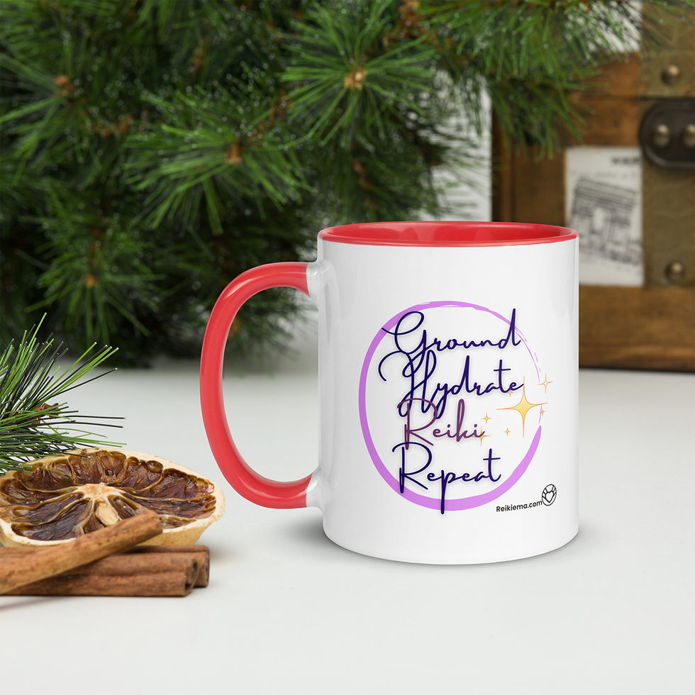 Miniaturebillede: A white mug with red handle and red interior, and a design with "Ground Hydrate Reiki Repeat" showing. On a white surface with Christmas tree branches and cinnamon sticks in shot