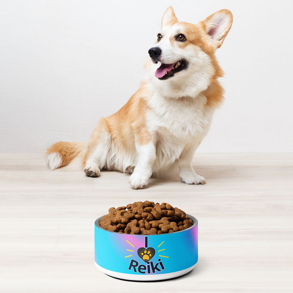 Thumbnail: I love Reiki animal bowl full with a corgi-like dog looking to their front right, sitting behind it